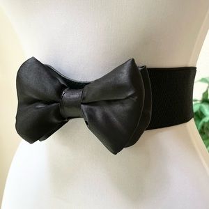 Retro Vintage Wide Stretch Black Satin Bow Belt Preppy Goth Twee NEW